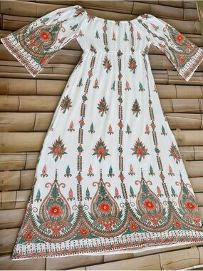 Lapogee  Off Shoulder Boho Maxi Dress White Floral Paisley Bell Sleeve Medium